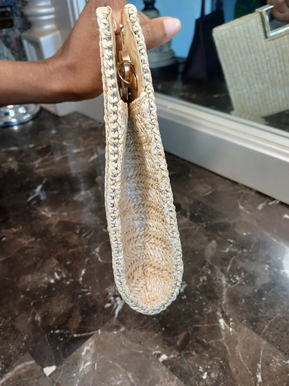 Straw Rectangle Top-Handle Clutch Bag With Gold Accents